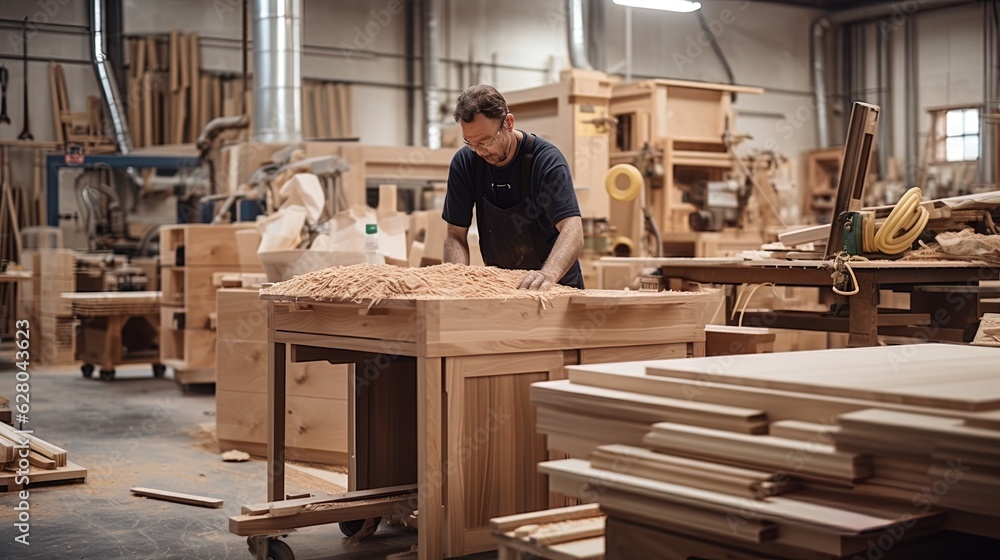 Manufacturing process of wood furniture. Generative AI