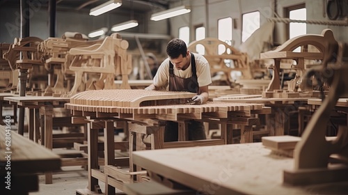 Manufacturing process of wood furniture. Generative AI