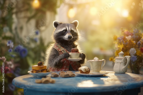 Adorable Raccoon Enjoying Coffee and Cake at the Table - AI generated