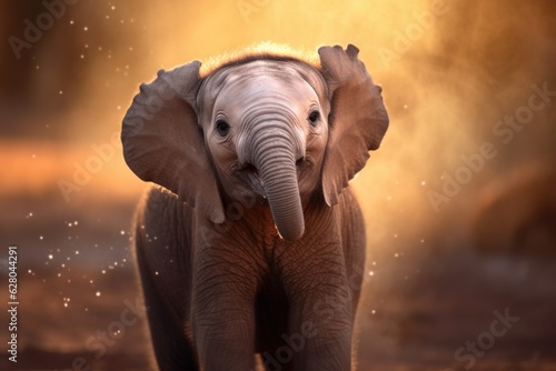 Illustration of a baby elephant standing in a dirt field, created using generative AI technology