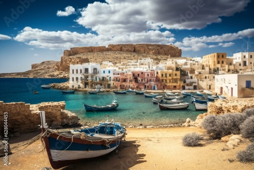 A picture of Lampedusa island with buildings and boats visible in the foreground and mountains in the background. Generative AI