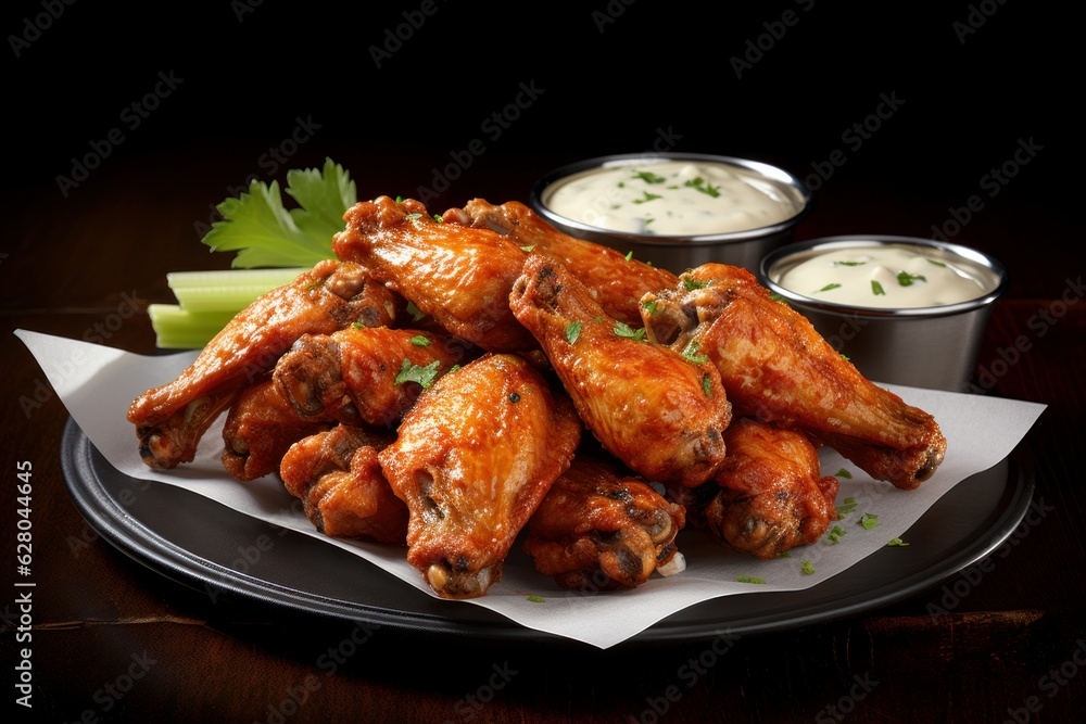 Illustration of a plate of chicken wings with various dips and celery sticks, created using generative AI technology