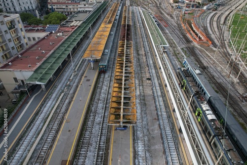 platforms of the Salerno railway station seen from above photographed by a drone