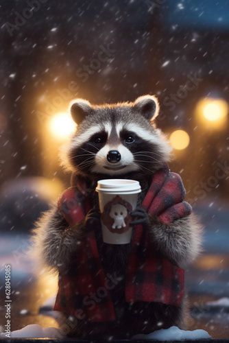 Cheerful Raccoon Sipping Hot Cocoa on a Winter Evening with Cozy Scarf and Jacket - AI generated © artefacti