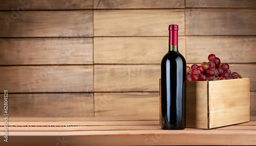 Red wine bottle in box in front of wooden wall. With copy space © Uuganbayar