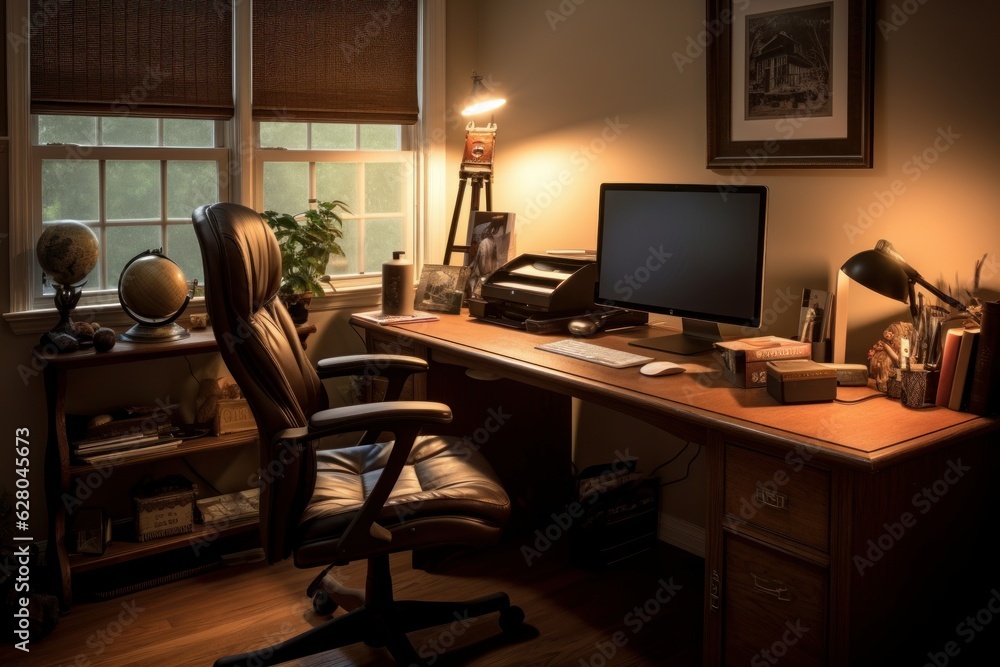 Illustration of a desk with a computer and a lamp, created using generative AI technology Illustration of a desk with a computer and a lamp, created using generative AI technology