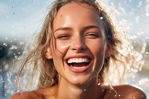 happy scandinavian blonde blue eyes woman model with water splashes. ai generative © ZoomTeam
