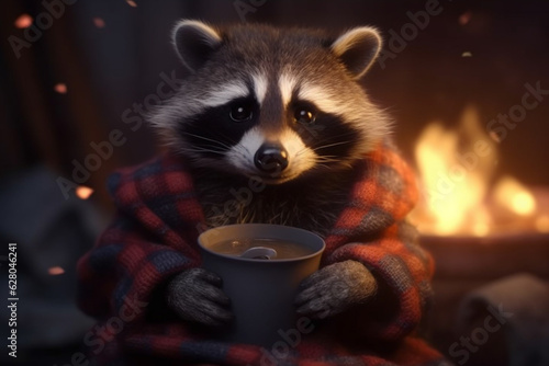 Cozy Raccoon Wrapped in Thick Blanket, Sipping Hot Cocoa by the Fireplace on a Winter Evening - AI generated
