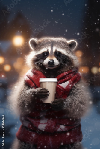 Cheerful Raccoon Sipping Hot Cocoa on a Winter Evening with Cozy Scarf and Jacket - AI generated © artefacti