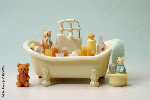 baby bathtub with gentle shampoo and soap bottles