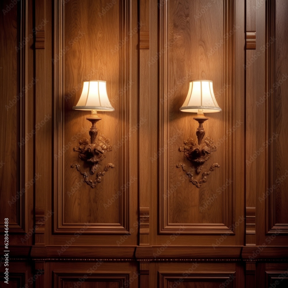 Illustration of a wall-mounted lamp casting a warm glow in a cozy room, created using generative AI Illustration of a wall-mounted lamp casting a warm glow in a cozy room, created using generative AI