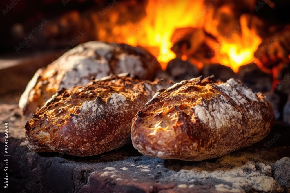 close-up of crispy artisan bread in stone oven - obrazy, fototapety, plakaty 