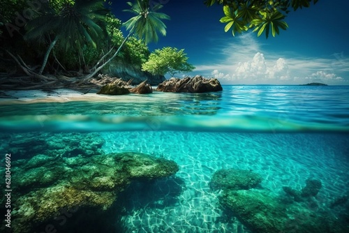 Serenely beautiful tropical ocean with clear water and gentle waves. A peaceful summer paradise. Generative AI