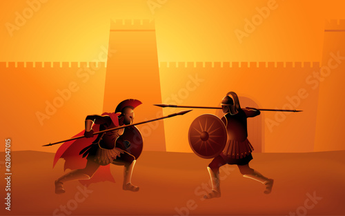 Epic battle of Achilles vs Hector, witness the legendary duel in front of Troy's mighty fort in this dynamic vector illustration. Perfect for historical themes and greek mythology enthusiasts