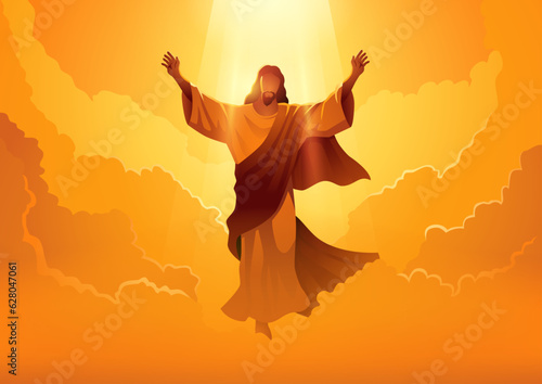 Embrace the ascension day of Jesus Christ with this powerful biblical vector illustration, witness the iconic image of Jesus Christ raising his hands in divine glory