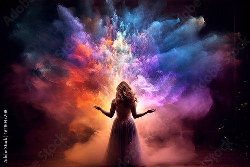 Illustration of a woman standing in front of a vibrant cloud of smoke, created using generative AI