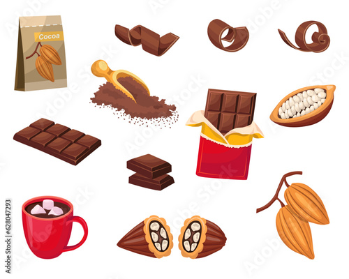 Chocolate set. Chocolate bar, cocoa powder, cocoa beans. World Chocolate Day. Vector illustration