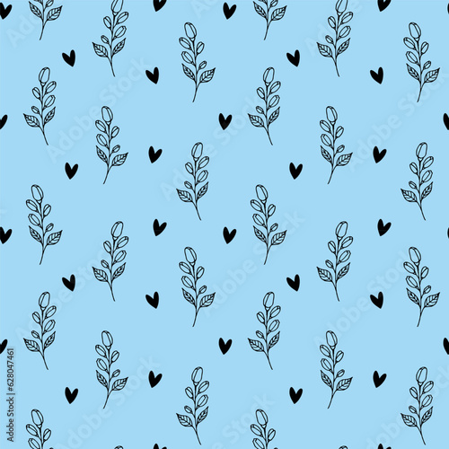 Roses and hearts seamless pattern in vintage style on a blue background. Line art, hand drawn vector illustration.