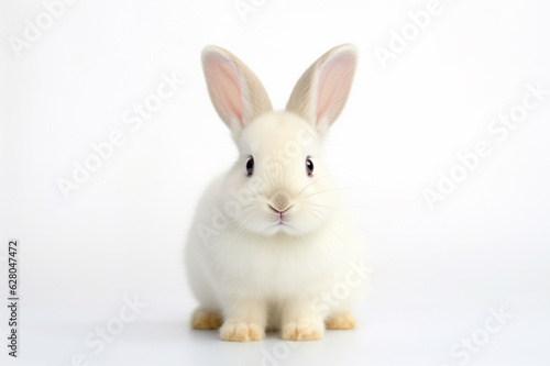 Closeup portrait of cute white pet baby rabbit isolated on white background.