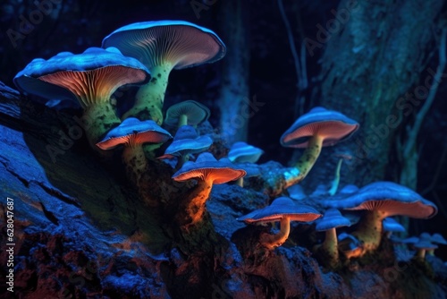 close-up of bioluminescent fungi on tree bark