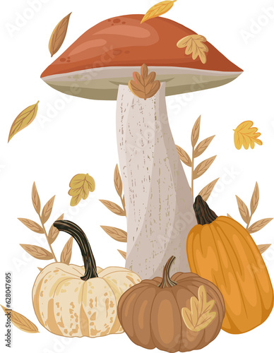 Autumn theme illustration with pumpkins, mushrooms and fall leaves.