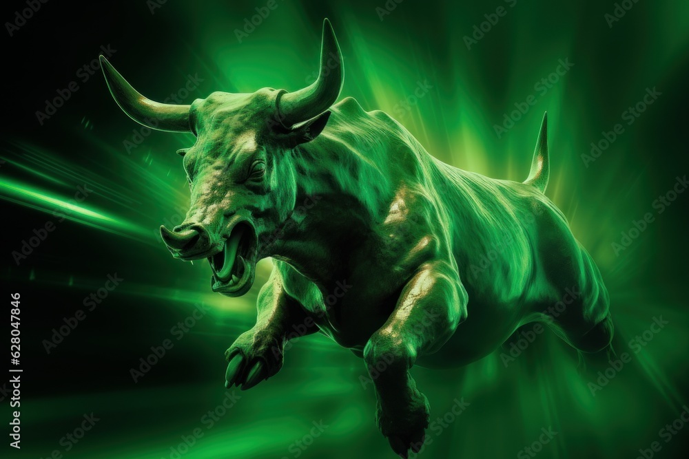 Illustration of a bull painted with vibrant green hues against a colorful backdrop, created using generative AI
