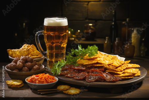 Fresh and cold beer is served on a large wooden table with delicious and varied snacks. Evening leisure.