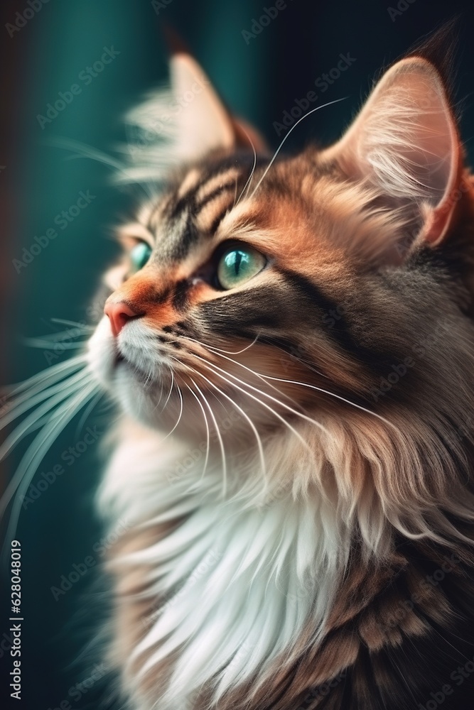 Close-up portrait of a beautiful house cat looking outside through a window. Image generated with AI. Close-up portrait of a beautiful house cat looking outside through a window. Image generated with AI.
