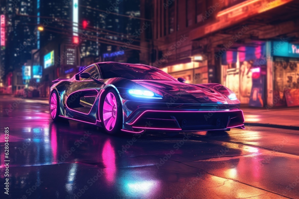 sleek futuristic car under neon city lights