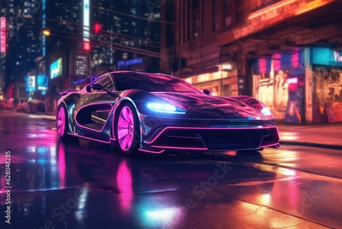 sleek futuristic car under neon city lights