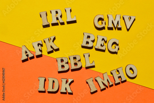 Acronyms used in text speak, including GMV, IRL, AFK, BBL photo