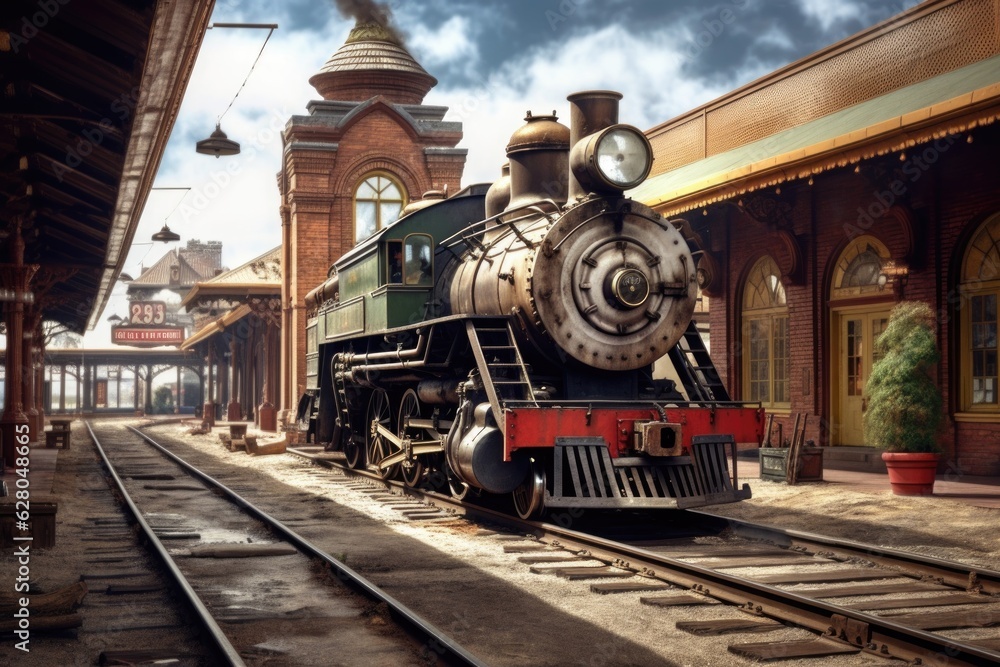 classic train station with restored locomotive classic train station with restored locomotive