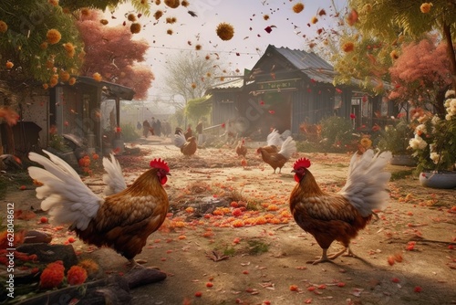 Tablou canvas hens pecking at seeds scattered on the ground