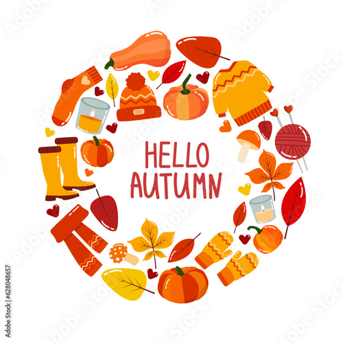 Phrase hello autumn in circle with different cozy autumn items in orange, yellow and red colors