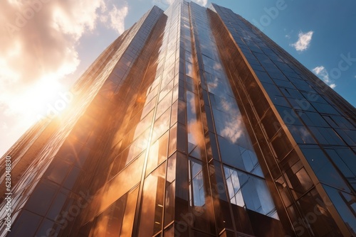 dramatic upward angle of a glass skyscraper reflecting sunlight