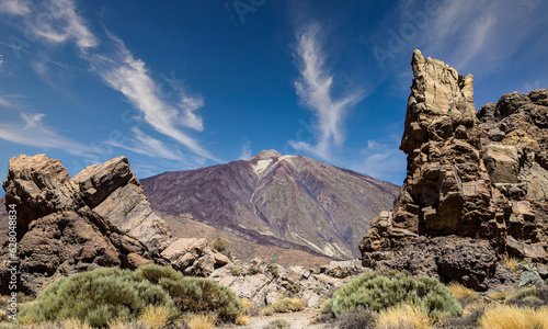 Rogue Cinchado with the Teide volcano in the background on the island of Tenerife. Canary island. Spain.