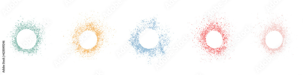 Spray Stencil, Frame Set in Circle Shape. Color Ink Splatter. Dirty Border, Paint Brush Texture. Blank Round Stain Collection. Abstract Design Element. Isolated Vector Illustration