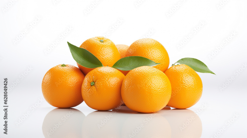 oranges with green leaves on a white background close-up. Generative Ai. oranges with green leaves on a white background close-up. Generative Ai.