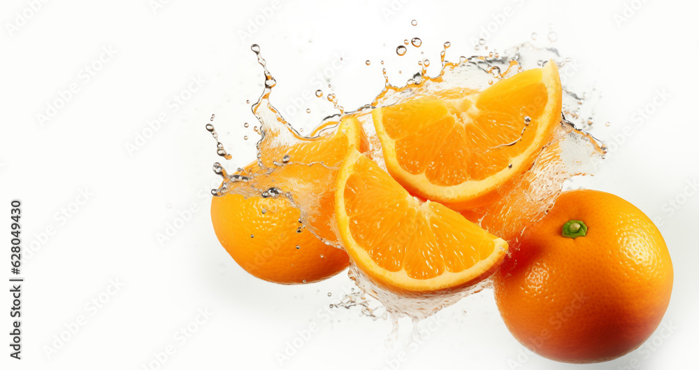 orange slices are bathed in water splashes on a white background. Generative Ai. orange slices are bathed in water splashes on a white background. Generative Ai.
