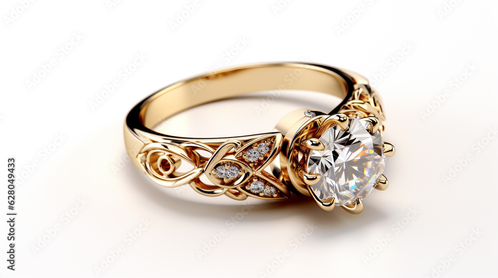 luxurious gold ring with a diamond, white background, large. Generative Ai. luxurious gold ring with a diamond, white background, large. Generative Ai.