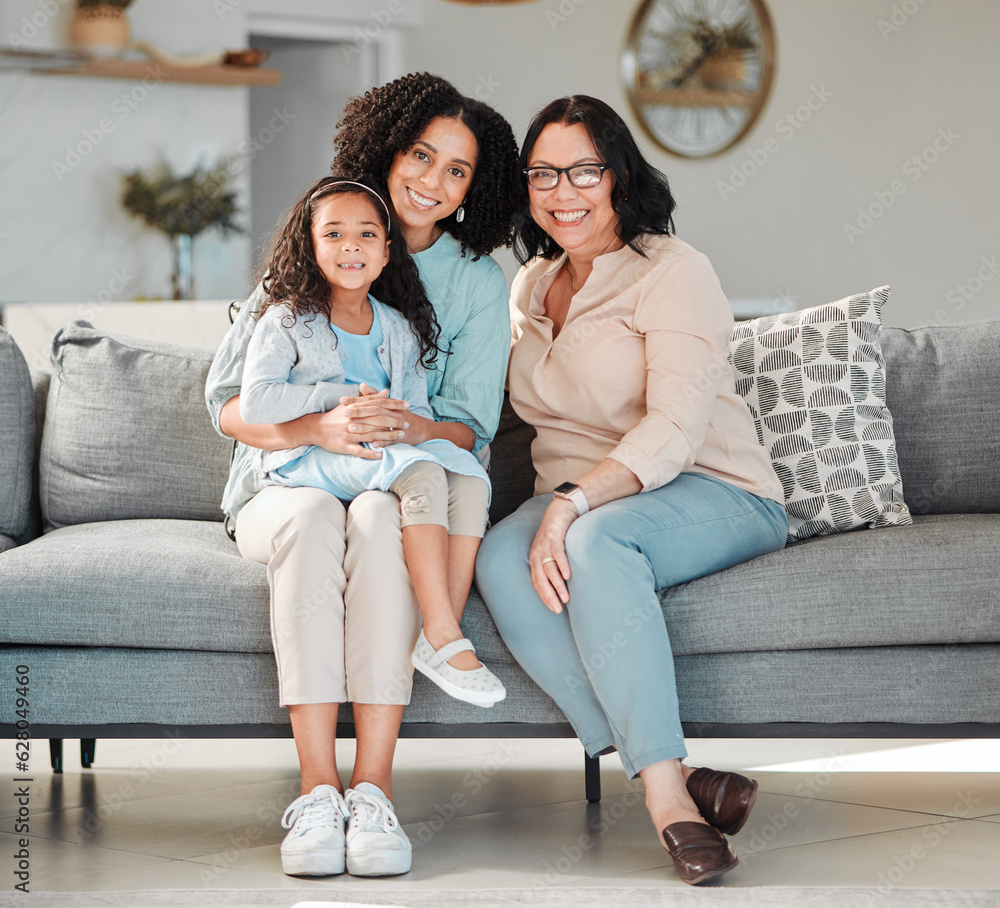 Mother, grandmother and girl on sofa for portrait in living room, home or happy together for quality time or bonding in house. Smile, face of mama and elderly person to relax with young child Mother, grandmother and girl on sofa for portrait in living room, home or happy together for quality time or bonding in house. Smile, face of mama and elderly person to relax with young child