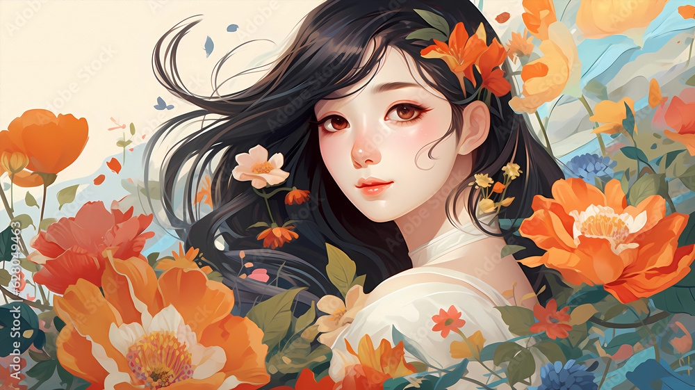 Hand-drawn cartoon beautiful illustration of a girl in ancient Chinese costume among flowers
Hand-drawn cartoon beautiful illustration of a girl in ancient Chinese costume among flowers