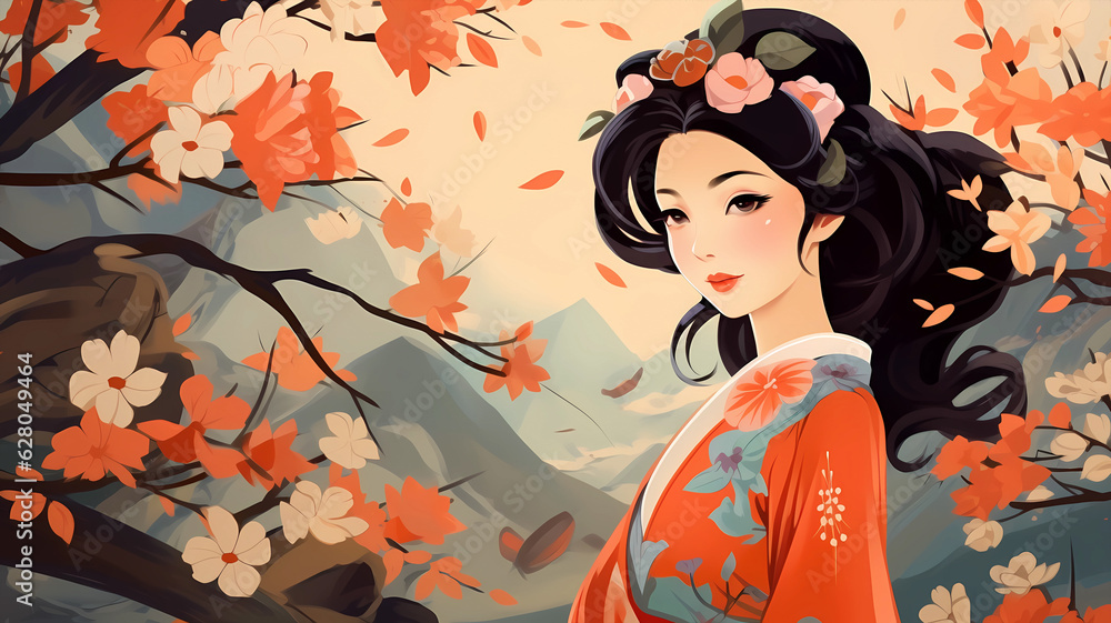 Fototapeta premium Hand-drawn cartoon beautiful illustration of a girl in ancient Chinese costume among flowers 