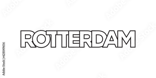 Rotterdam in the Netherlands emblem. The design features a geometric style, vector illustration with bold typography in a modern font. The graphic slogan lettering.