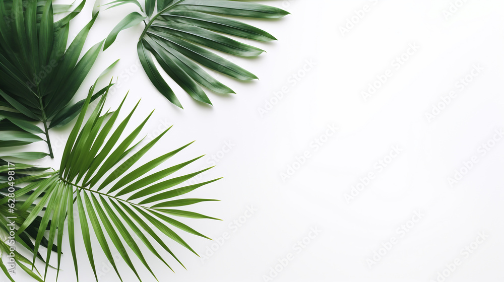 Fototapeta premium white background with palm leaves with empty space to insert. Generative Ai. 