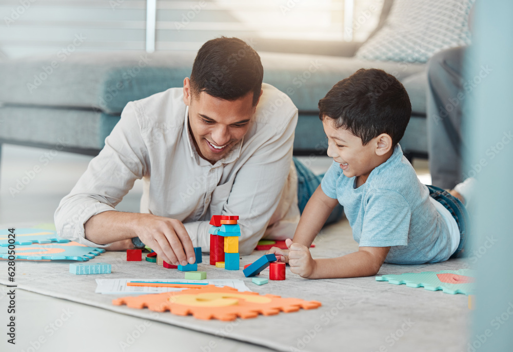 Building blocks, play or father with kid on the floor for learning, education or child development. Family home, relax or happy dad enjoying bonding time in living room with boy or toys for fun games Building blocks, play or father with kid on the floor for learning, education or child development. Family home, relax or happy dad enjoying bonding time in living room with boy or toys for fun games