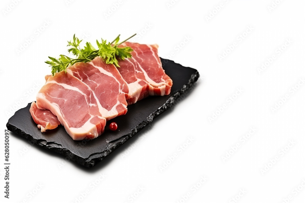 raw pork on a plate on a white background top view. Generative Ai. 