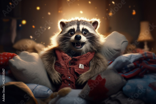 Adorable Raccoon Cozied Up in a Giant Pile of Cushions - AI generated