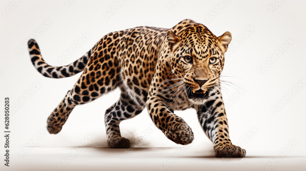 Naklejka premium leopard in a jump on a white background. Generative Ai. 
