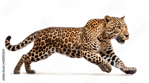 leopard runs on a white background. Generative Ai.  © PETR BABKIN